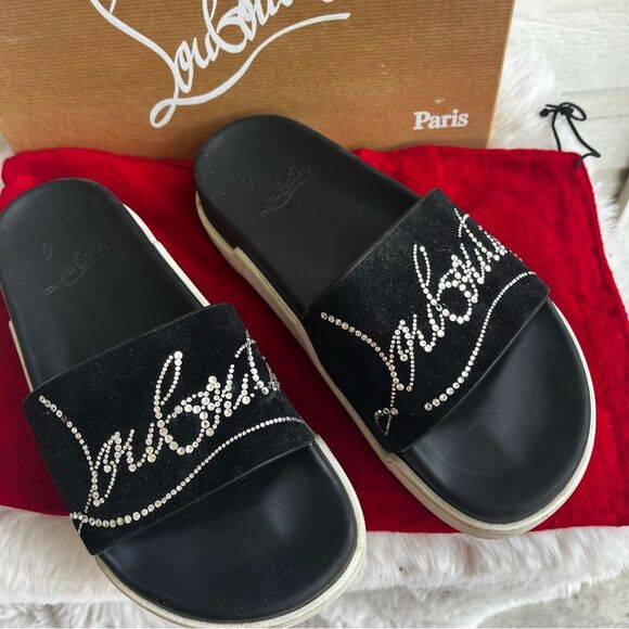 CHRISTIAN LOUBOUTIN SUEDE black Diamanté Crystal Slides Sandals Sz. 37 - Picture 1 of 9